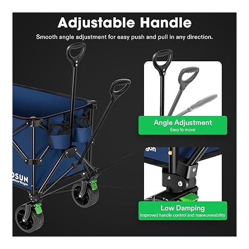  VIVOSUN Collapsible Folding Wagon, Outdoor Utility with Silent All-Terrain Beach Wheels, Adjustable Handle, Cup Holders & Side Pockets, for Camping, Beach, Shopping, Garden, Sports, Picnic, Blue