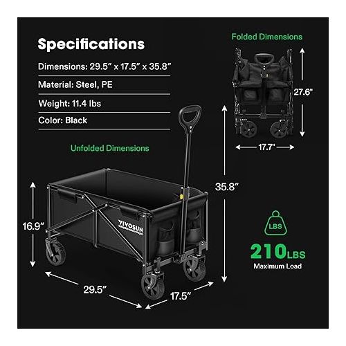  VIVOSUN Collapsible Folding Wagon, Outdoor Utility with All-Terrain Wheels, Adjustable Handle, Cup Holders & Side Pockets, for Camping, Shopping, Garden, 210Lbs Capacity, Black