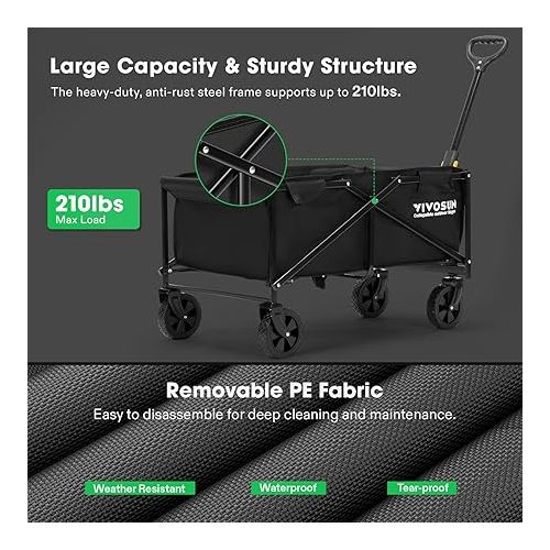  VIVOSUN Collapsible Folding Wagon, Outdoor Utility with All-Terrain Wheels, Adjustable Handle, Cup Holders & Side Pockets, for Camping, Shopping, Garden, 210Lbs Capacity, Black