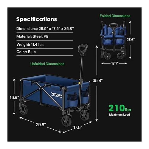  VIVOSUN Collapsible Folding Wagon, Outdoor Utility with All-Terrain Wheels, Adjustable Handle, Cup Holders & Side Pockets, for Camping, Shopping, Garden, 210Lbs Capacity, Blue