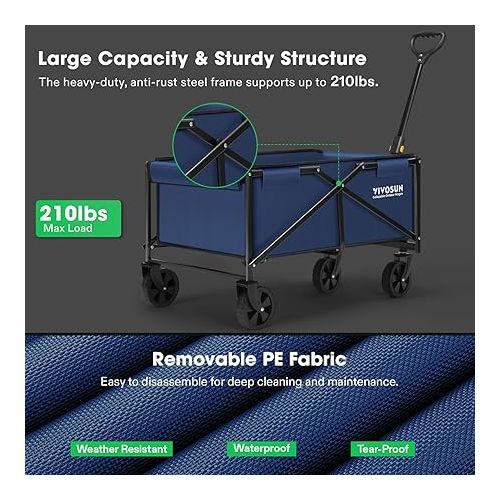  VIVOSUN Collapsible Folding Wagon, Outdoor Utility with All-Terrain Wheels, Adjustable Handle, Cup Holders & Side Pockets, for Camping, Shopping, Garden, 210Lbs Capacity, Blue