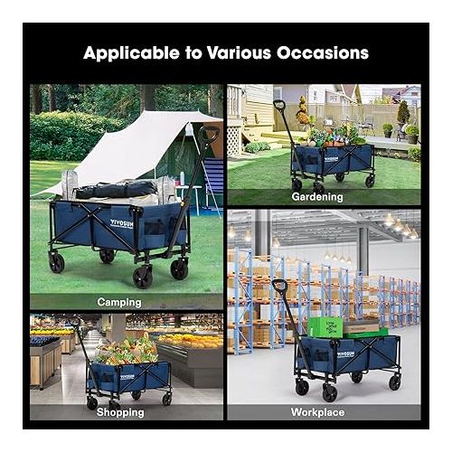  VIVOSUN Collapsible Folding Wagon, Outdoor Utility with All-Terrain Wheels, Adjustable Handle, Cup Holders & Side Pockets, for Camping, Shopping, Garden, 210Lbs Capacity, Blue