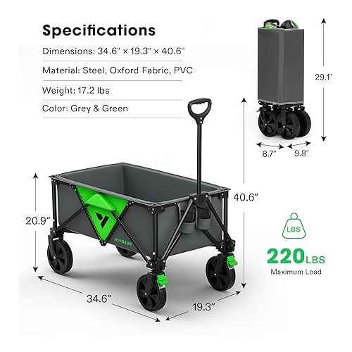  VIVOSUN Collapsible Folding Wagon, Outdoor Utility with Silent Universal Wheels, Cup Holders & Side Pockets, Adjustable Handle, for Camping, Garden, Sports, Picnic, Shopping, 110L, Grey & Green