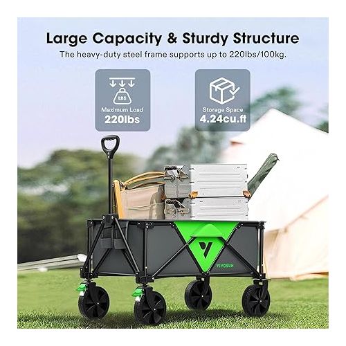  VIVOSUN Collapsible Folding Wagon, Outdoor Utility with Silent Universal Wheels, Cup Holders & Side Pockets, Adjustable Handle, for Camping, Garden, Sports, Picnic, Shopping, 110L, Grey & Green