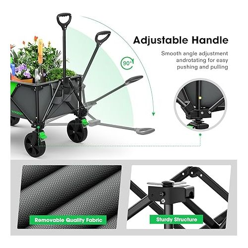  VIVOSUN Collapsible Folding Wagon, Outdoor Utility with Silent Universal Wheels, Cup Holders & Side Pockets, Adjustable Handle, for Camping, Garden, Sports, Picnic, Shopping, 110L, Grey & Green