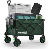 VIVOSUN Collapsible Folding Wagon, Outdoor Utility with Silent Universal Wheels, Cup Holders & Side Pockets, Adjustable Handle, for Camping, Garden, Sports, Picnic, Shopping, Green