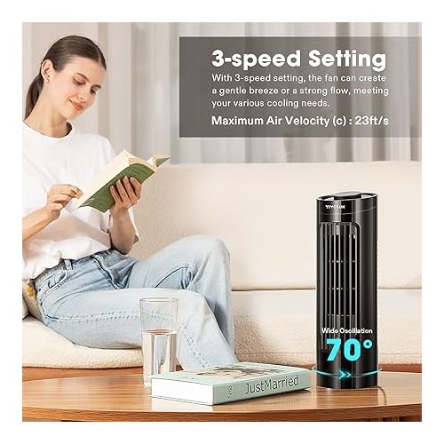  VIVOSUN 13'' Tower Fan, Bladeless Desk Fan with 3 Speeds and 70° Oscillation, Portable and Compact, Quiet Cooling Fan for Home and Office, Black