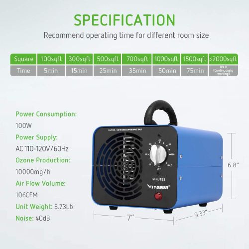  [아마존베스트]VIVOSUN Industrial Commercial Ozone Generator, 10000mg/h O3 Air Purifier Deodorizer Sterilizer, Home Air Ionizers for Odor Eliminator Removal for Rooms, Hotels and Farms