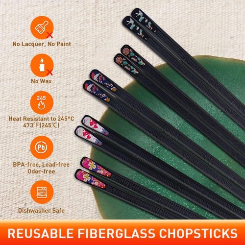  [아마존베스트]VIWIK 5 Pairs Fiberglass Chopsticks Reusable Classic Japanese Style Chop Sticks Gift Sets, Dishwasher Safe, 9 1/2 Inches - Style 1