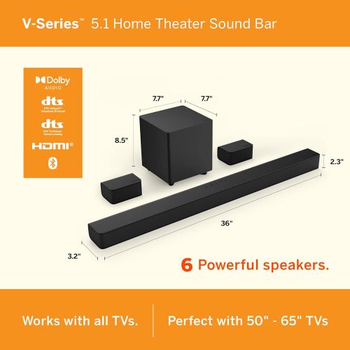  VIZIO V-Series 5.1 Home Theater Sound Bar with Dolby Audio, Bluetooth, Wireless Subwoofer, Voice Assistant Compatible, Includes Remote Control - V51x-J6