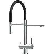 VIZIO 3-way solid pure stainless steel AISI 316 kitchen mixer suitable for all common filter systems, with 2-jet hand shower and separate filter water channel, brushed finish (black)