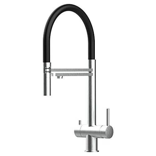  VIZIO 3-way solid pure stainless steel AISI 316 kitchen mixer suitable for all common filter systems, with 2-jet hand shower and separate filter water channel, brushed finish (black)