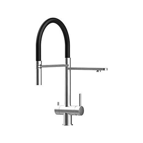  VIZIO 3-way solid pure stainless steel AISI 316 kitchen mixer suitable for all common filter systems, with 2-jet hand shower and separate filter water channel, brushed finish (black)