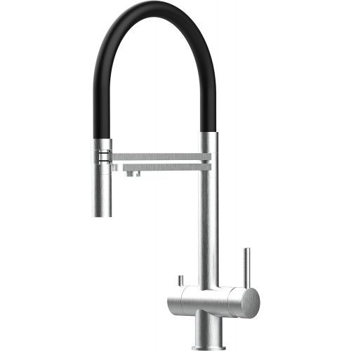  VIZIO 3-way solid pure stainless steel AISI 316 kitchen mixer suitable for all common filter systems, with 2-jet hand shower and separate filter water channel, brushed finish (black)
