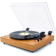 VInYL MUSIC ON Vintage Turntable, Bluetooth Record Player, Built-in Dual Stereo Speakers, 3-Speed Belt-Drive Turntable, Record Player with Wireless Playback & Auto-Stop, Yellow Wood