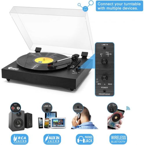  VInYL MUSIC ON Retro Record Player for 33/45/78 RPM VInYL Records,Bluetooth Belt-Drive Turntable with Built-in Stereo Speakers,Wireless Playback,Auto-Stop & Acrylic Dust Cover, Black Wood