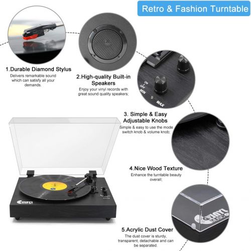  VInYL MUSIC ON Retro Record Player for 33/45/78 RPM VInYL Records,Bluetooth Belt-Drive Turntable with Built-in Stereo Speakers,Wireless Playback,Auto-Stop & Acrylic Dust Cover, Black Wood