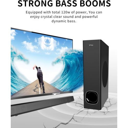  VMAI Sound Bar, TV Sound Bar with Subwoofer, 120W 2.1 Soundbar, Wired & Wireless Bluetooth 5.0 Speaker for TV, 34 Inch, HDMI/Optical/Aux/USB, Wall Mountable, Bass Adjustable Surround So