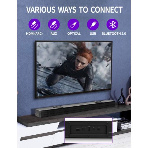  VMAI Sound Bar, Sound Bar with Dual Built-in Subwoofer, 38 Inch 2.1 Sound Bar for TV, 90W Wired & Wireless Bluetooth 5.0, HDMI/Optical/Aux/USB, Wall Mountable, Surround Sound System for