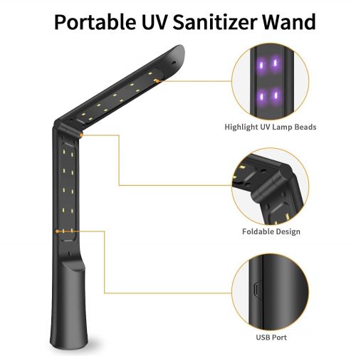  UV Light Sanitizer Wand VNOOKY, Portable UVC Light Disinfector Lamp Chargable Foldable for Home Hotel Travel Car