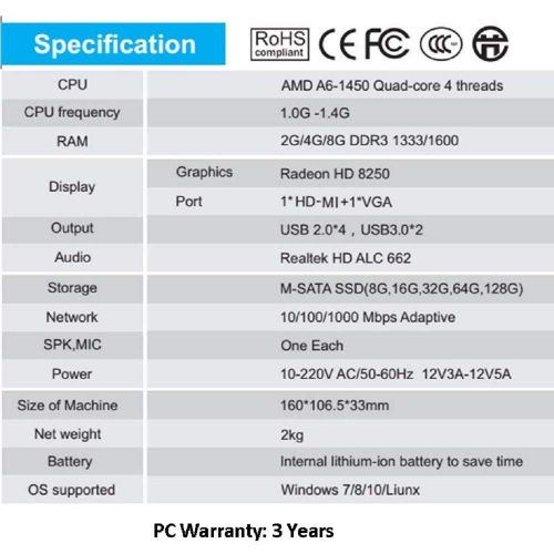  VNOPN Mini PC Fanless Industrial Office Personal Small Desktop Computer with Aluminum Case, AMD A6-1450 Quad Core, HD-MI and VGA Ports WiFi 1000Mbps LAN, Extended RAM SSDHDD, Support Li