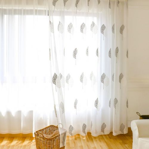  [아마존베스트]VOGOL White Sheer Curtains 63 inches Length Leaves Embroidered Window Treatment Curtain Sheer Voile Panels for Kitchen, Liviging Room, Bedroom, Small Windows, 42x63, Set of 2