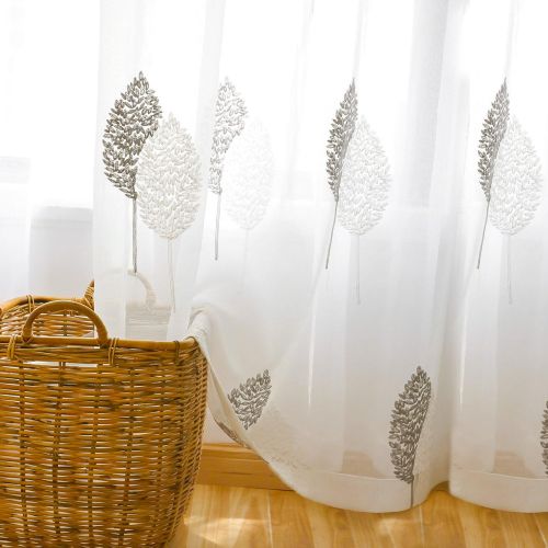  [아마존베스트]VOGOL White Sheer Curtains 63 inches Length Leaves Embroidered Window Treatment Curtain Sheer Voile Panels for Kitchen, Liviging Room, Bedroom, Small Windows, 42x63, Set of 2