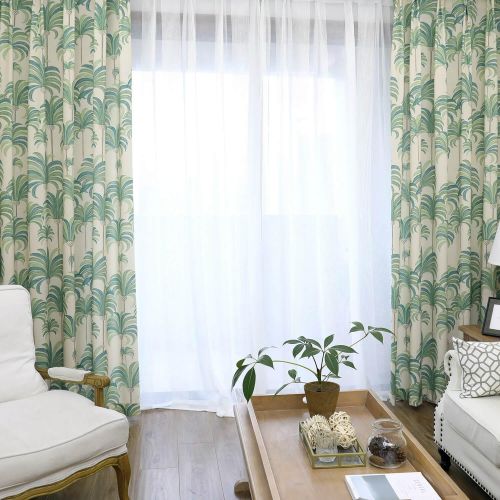  VOGOL Polyester Cotton Hood Leaves Printed Curtains, Thermal Insulated Curtain Drapes Panels for Bedroom Hotel Living Room, 2 Panels, W52 x L96 inch, Green