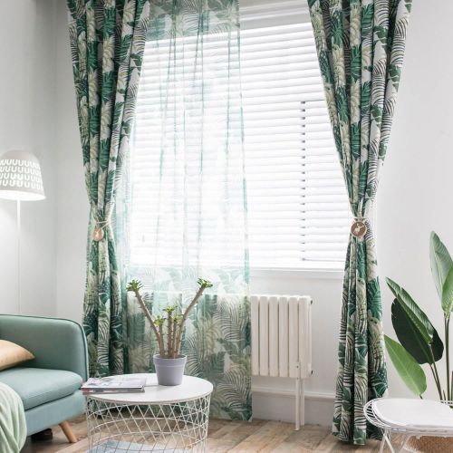  VOGOL Floral Leaves Printed Curtains, Blackout Window Panels Noise Reduction Restaurant Curtain Drapes for Bedroom Hotel Living Room, 2 Panels, W52 x L84 inch, Green