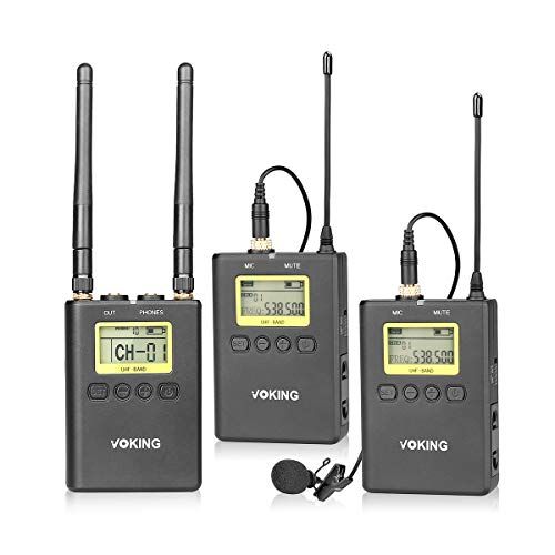  Voking WM220 UHF 100 Selectable Channels Dual Lavalier Microphone System, Includes 2X Bodypack Transmitter and Portable Receiver Compatible with Nikon Sony DSLR Cameras and Camcord