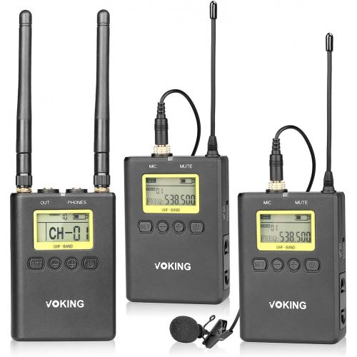  Voking WM220 UHF 100 Selectable Channels Dual Lavalier Microphone System, Includes 2X Bodypack Transmitter and Portable Receiver Compatible with Nikon Sony DSLR Cameras and Camcord