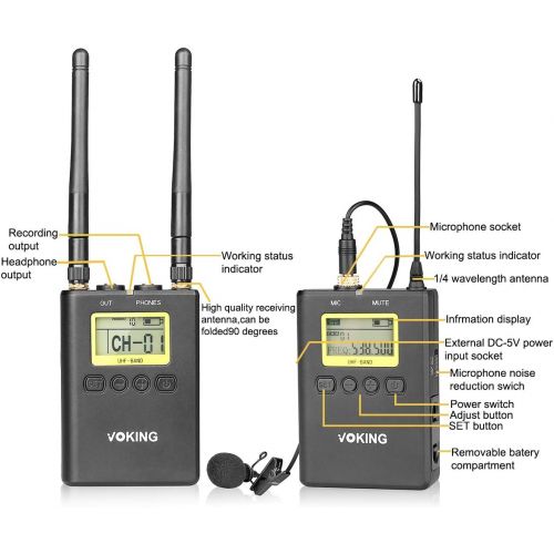  Voking WM220 UHF 100 Selectable Channels Dual Lavalier Microphone System, Includes 2X Bodypack Transmitter and Portable Receiver Compatible with Nikon Sony DSLR Cameras and Camcord