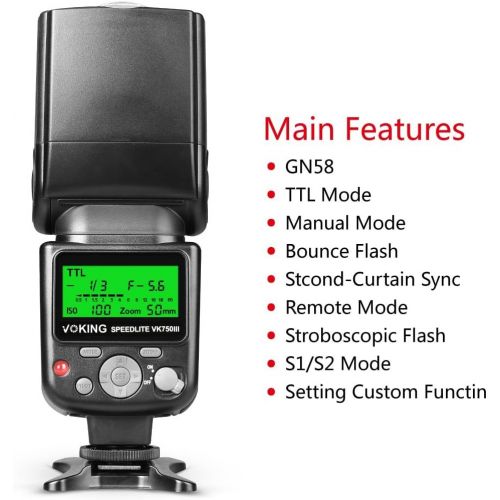  VOKING VK750III Remote TTL Camera Flash Speedlite with LCD Display Compatible with Nikon D3500 D3400 D3300 D3200 D5600 D850 D750 D7200 D5300 D5500 D500 D7100 D3100 and Other DSLR C