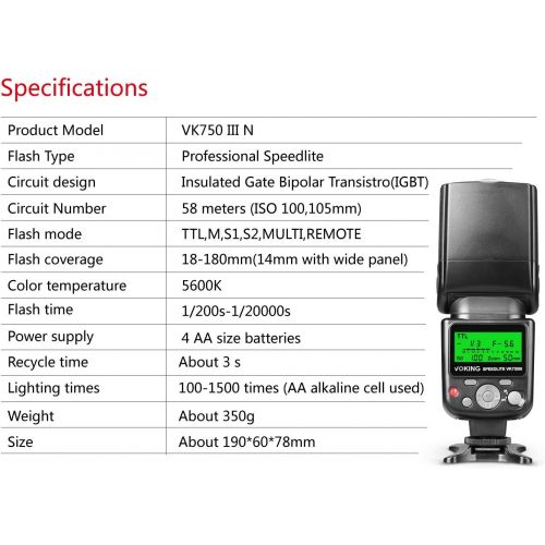  VOKING VK750III Remote TTL Camera Flash Speedlite with LCD Display Compatible with Nikon D3500 D3400 D3300 D3200 D5600 D850 D750 D7200 D5300 D5500 D500 D7100 D3100 and Other DSLR C