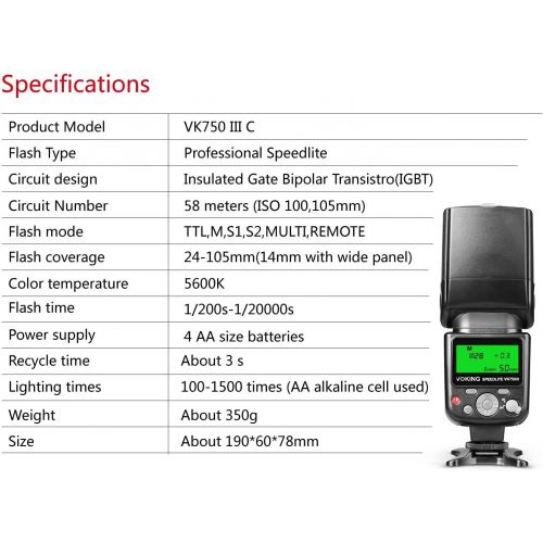  [아마존베스트]Voking VK750III Remote TTL Speedlite Slave Mode Flash with LCD Display for Canon DSLR Standard Hot Shoe Cameras EOS Rebel 5DS 5DSR 5S Mark IV 5D Mark III 6D 6D Mark II 7D 70D 77D 8