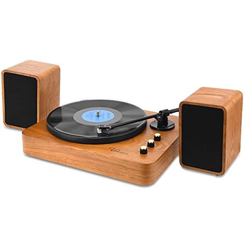  Voksun 3-Speed Precision Turntable with Dual 15 Watt Speakers, High Fidelity Vinyl Record Player with Magnetic Cartridge, Belt-Drive, Bluetooth, Natural Walnut