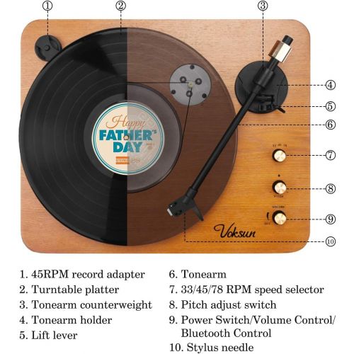  Voksun 3-Speed Precision Turntable with Dual 15 Watt Speakers, High Fidelity Vinyl Record Player with Magnetic Cartridge, Belt-Drive, Bluetooth, Natural Walnut