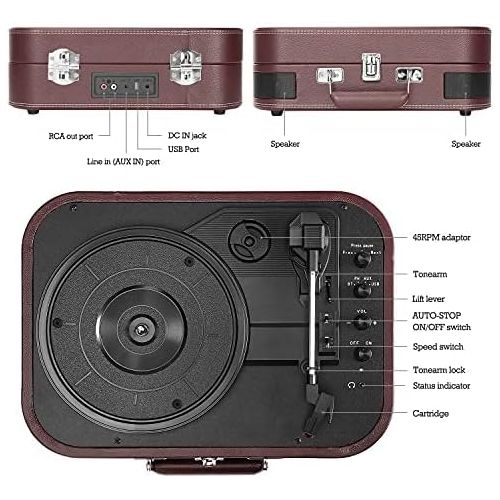  Voksun Record Player, Vintage Bluetooth Turntable with Built-in Stereo Speakers, 3-Speed Suitcase Vinyl Player, Supports Vinyl to MP3 Recording, Phonograph with AUX USB RCA Headpho