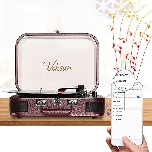  Voksun Record Player, Vintage Bluetooth Turntable with Built-in Stereo Speakers, 3-Speed Suitcase Vinyl Player, Supports Vinyl to MP3 Recording, Phonograph with AUX USB RCA Headpho