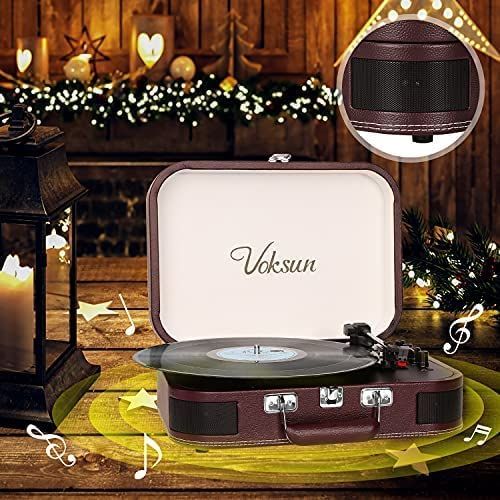  Voksun Record Player, Vintage Bluetooth Turntable with Built-in Stereo Speakers, 3-Speed Suitcase Vinyl Player, Supports Vinyl to MP3 Recording, Phonograph with AUX USB RCA Headpho