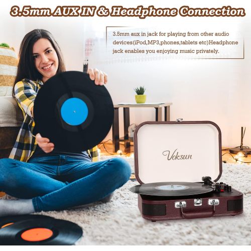  Voksun Record Player, Vintage Bluetooth Turntable with Built-in Stereo Speakers, 3-Speed Suitcase Vinyl Player, Supports Vinyl to MP3 Recording, Phonograph with AUX USB RCA Headpho