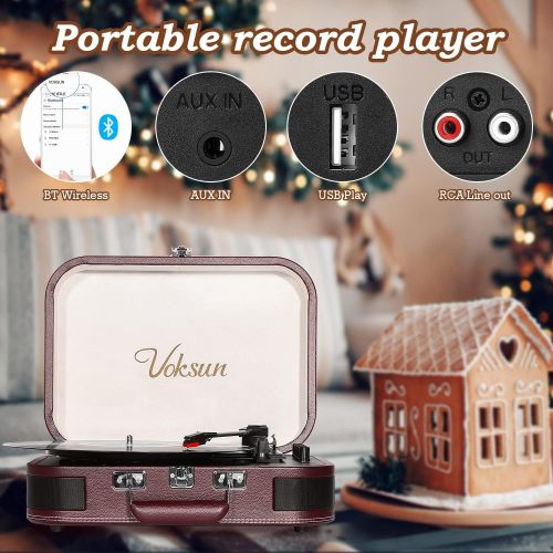  Voksun Record Player, Vintage Bluetooth Turntable with Built-in Stereo Speakers, 3-Speed Suitcase Vinyl Player, Supports Vinyl to MP3 Recording, Phonograph with AUX USB RCA Headpho