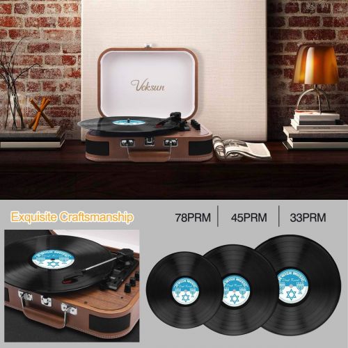  Voksun Suitcase Record Player, Bluetooth Turntable with Built-in Stereo Speakers, 3-Speed Nostalgic LP Vinyl Player, Supports Vinyl to MP3 Recording, with AUX USB RCA Headphone Jac