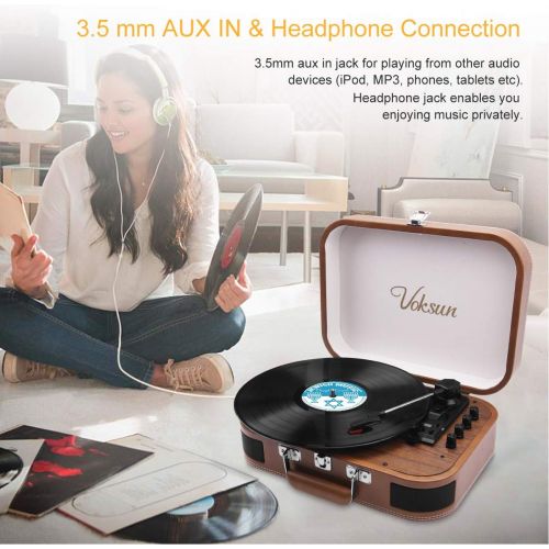  Voksun Suitcase Record Player, Bluetooth Turntable with Built-in Stereo Speakers, 3-Speed Nostalgic LP Vinyl Player, Supports Vinyl to MP3 Recording, with AUX USB RCA Headphone Jac