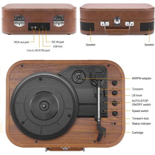  Voksun Suitcase Record Player, Bluetooth Turntable with Built-in Stereo Speakers, 3-Speed Nostalgic LP Vinyl Player, Supports Vinyl to MP3 Recording, with AUX USB RCA Headphone Jac