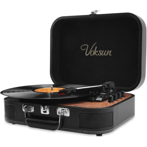  Voksun Record Player, Bluetooth Turntable with Built-in Stereo Speakers, 3-Speed Nostalgic Suitcase LP Vinyl Player, Supports Vinyl to MP3 Recording, with AUX USB RCA Headphone Jac