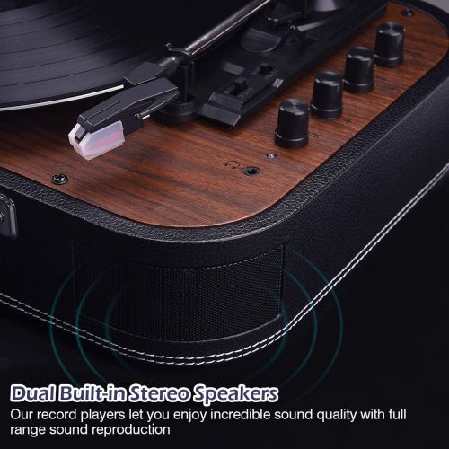  Voksun Record Player, Bluetooth Turntable with Built-in Stereo Speakers, 3-Speed Nostalgic Suitcase LP Vinyl Player, Supports Vinyl to MP3 Recording, with AUX USB RCA Headphone Jac