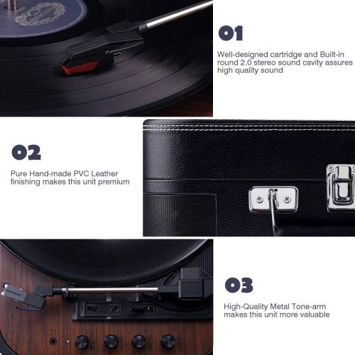  Voksun Record Player, Bluetooth Turntable with Built-in Stereo Speakers, 3-Speed Nostalgic Suitcase LP Vinyl Player, Supports Vinyl to MP3 Recording, with AUX USB RCA Headphone Jac