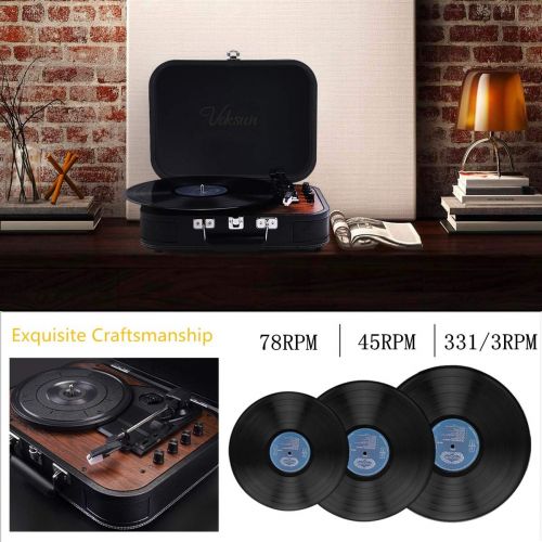  Voksun Record Player, Bluetooth Turntable with Built-in Stereo Speakers, 3-Speed Nostalgic Suitcase LP Vinyl Player, Supports Vinyl to MP3 Recording, with AUX USB RCA Headphone Jac