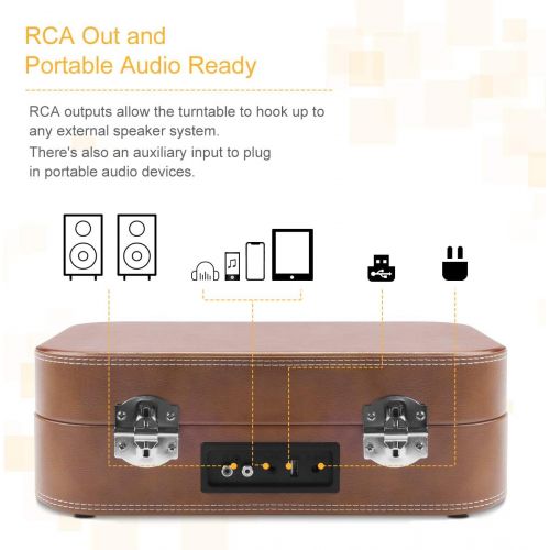 [아마존베스트]Voksun Suitcase Record Player, Bluetooth Turntable with Built-in Stereo Speakers, 3-Speed Nostalgic LP Vinyl Player, Supports Vinyl to MP3 Recording, with AUX USB RCA Headphone Jac